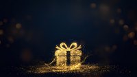 Golden gift box with sparkling particles and bokeh lights on dark background, suitable for holiday, celebration, luxury, and festive greeting card designs.