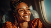 Happy young African American woman smiling while looking out airplane window during flight, enjoying travel experience and vacation journey.