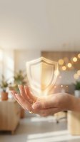 Glowing shield icon held in open palm against blurred interior background with warm bokeh lights, representing digital security, data protection, and cyber safety solutions.