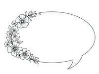 Elegant floral speech bubble with hand-drawn hibiscus flowers and leaves, black line art on white background for greeting cards and social media.