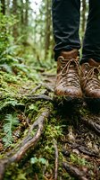 Hiker wearing brown leather boots standing on mossy forest trail with fallen logs and lush green vegetation, outdoor adventure and nature exploration.