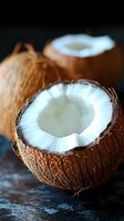 Fresh halved coconut showing white flesh inside brown shell on dark background, dramatic lighting creates contrast between rough exterior and smooth interior.