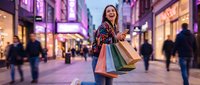 Young Asian woman enjoying evening shopping spree in busy city street holding colorful paper bags with excited expression and stylish outfit.