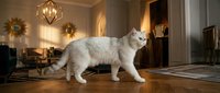 White fluffy cat walking gracefully across a sunlit luxury living room with elegant gold decor and warm parquet flooring.
