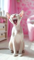 White hairless sphynx cat yawning with mouth wide open sitting in pink bedroom interior showing teeth and tongue expressing tiredness or boredom.