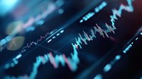 Financial market data visualization showing dynamic stock price movement with blue and red candlestick chart pattern on dark background, macro view of trading screen.