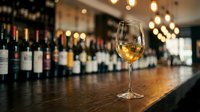 Glass of white wine on wooden bar counter with blurred bottles and warm lighting in upscale restaurant or wine bar setting for hospitality industry.