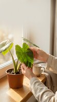 Woman hands gently touching green alocasia plant leaves by sunny window. Indoor gardening and houseplant care in cozy home interior setting.