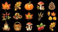 Autumn nature clipart set with pumpkin, mushrooms, leaves, acorns, chestnuts, berries, lantern and basket, isolated on transparent background, for stickers, T-shirts, print on demand.