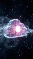 Glowing cloud computing concept with circuit board patterns and digital data streams on dark technology background for business presentations.