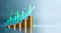 Financial growth concept with golden coins stacked in ascending order against digital charts and graphs showing upward trends for investment success.