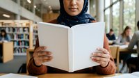 Woman wearing hijab reading open book in library with bookshelves and people studying in background.