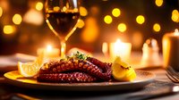 Grilled octopus tentacles served with lemon and herbs on yellow plate in romantic candlelight setting with red wine glass and bokeh lights background.