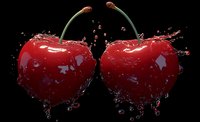 Fresh red cherries with water drops and splashes against black background, dynamic food photography showing motion and reflection for restaurant menu design.