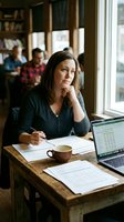 Middle-aged Caucasian businesswoman working on laptop in cozy cafe, reviewing documents with coffee cup, thoughtful expression by window.