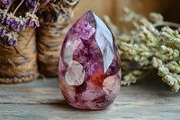 Polished amethyst crystal egg with deep purple and pink hues displays natural formations and inclusions on rustic wooden surface with dried flowers and herbs.
