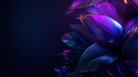 Glowing neon leaves in vibrant purple and blue colors against dark background create mysterious and futuristic natural composition with dramatic lighting.