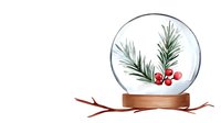 Festive snow globe with pine branches and red berries on wooden base, winter holiday decoration element on white background, isolated watercolor style.