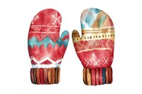 Cozy winter mittens with folk pattern in watercolor style on white background, festive holiday design element for seasonal greeting cards and decor.