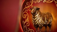 Golden ornate ram with decorative swirls on warm gradient background for luxury branding and festive designs.