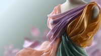 Flowing fabric in pastel pink, purple, gold and teal creates elegant abstract waves and folds against soft gradient background, showcasing luxurious textile movement.