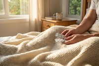 Woman making bed with cream knitted blanket in sunny bedroom with natural morning light streaming through windows creating cozy domestic atmosphere.