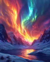 Spectacular aurora borealis over snowy mountain landscape with vibrant orange and turquoise colors reflecting in winding river at sunset, dramatic northern lights display.