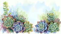 Watercolor succulent plants arrangement with green and purple tones on white background for botanical design projects and natural decor elements.