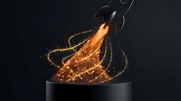 Glowing golden liquid splashing dynamically from black cylindrical container against dark background, with sparkling particles and light trails creating magical effect.