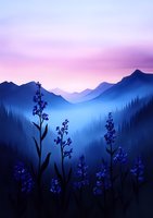 Misty mountain landscape at dawn with silhouettes of wildflowers in foreground against purple and blue gradient sky, creating serene nature atmosphere.