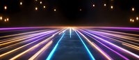 Futuristic neon light tunnel with glowing blue, purple and orange streaks leading to vanishing point on dark background, creating perspective depth effect.