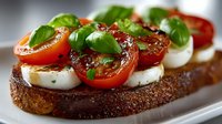 Grilled bread topped with fresh mozzarella, ripe tomato slices and basil leaves drizzled with balsamic glaze on white plate for Italian cuisine and appetizer concepts.