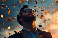 Young bearded businessman in glasses looking up with golden confetti falling around during sunset, dramatic lighting creates inspiring atmosphere.