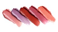 Diagonal smudges of lipstick in various shades from nude pink to deep red, showing texture and color variety on white background, isolated cosmetic swatches for beauty design.