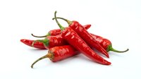 Fresh red chili peppers with green stems isolated on white background, suitable for food, cooking, and culinary design projects.