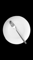 Empty white plate with silver fork isolated on transparent background, ready for dining, restaurant, food service, menu design, culinary graphics, print-on-demand, and tableware clipart projects.