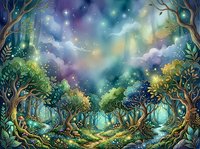Enchanted forest landscape with glowing magical lights, ancient trees, and mystical starry sky creating a fantasy woodland scene for creative projects.