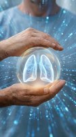 Male healthcare professional holding glowing lungs in crystal sphere with digital data streams, representing respiratory health, medical technology, and pulmonary care innovation.