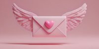 Pink envelope with angel wings and heart floating on pastel background for Valentine's Day romantic messaging and love letter concepts.