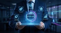 Businessman holding tablet with up-selling holographic interface and digital marketing icons in modern office environment for business growth strategies.