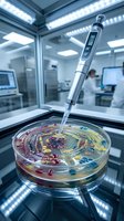 Digital pipette extracting sample from petri dish with bacterial colonies in sterile laboratory environment for microbiological research and testing.
