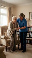 Professional caregiver assisting elderly woman with mobility in comfortable home setting. Healthcare worker providing compassionate support and care services.