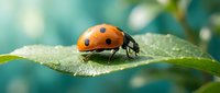 Orange ladybug with black spots resting on green leaf with water droplets in natural garden setting for nature and wildlife photography projects.