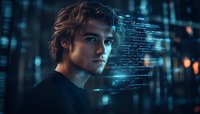 Young Caucasian male programmer in black shirt looking at futuristic holographic code interface against dark background with glowing blue technology elements.