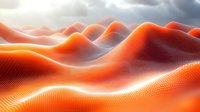 Vibrant orange digital wave landscape with dotted texture and flowing curves creates dynamic abstract background with dramatic lighting and depth for technology designs.