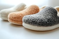 Cozy knitted slippers in neutral tones arranged on white surface, comfortable indoor footwear for relaxation and home comfort lifestyle.