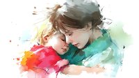 Tender moment between mother and child in soft watercolor style, showcasing intimate family bond and maternal love.