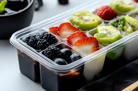 Fresh berries and kiwi slices arranged in plastic container with yogurt compartments, healthy breakfast or snack preparation for meal planning.