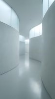 Modern minimalist white interior corridor with curved walls and natural light creating soft shadows for contemporary architecture design.