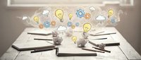 Workspace with notebooks, pens, and floating light bulbs, gears, and cloud icons representing creative ideas, brainstorming, innovation, and business planning for design projects.